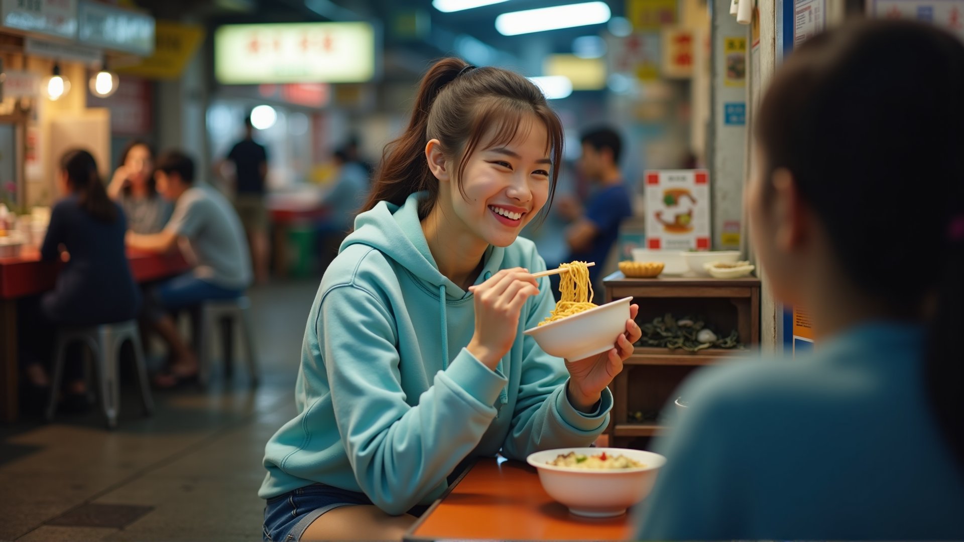 A 20-year-old Taiwanese woman is sitting at a night market stall in Shilin, enjoying a bowl of beef noodles. She is wearing a light blue hoodie and denim shorts, with her hair tied back in a ponytail. She has a wide smile as she takes a big bite.