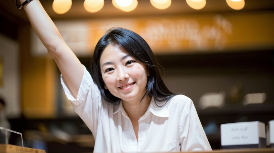 Create an image of a 50-year-old Asian Office Lady with a height of about 5'4" (163 cm). night,It's dark outside,long black hair, White shirt,  in a coffee shop , Hand holding white wine glass, look at viewer,smile, focus on face,(close up:1),from below