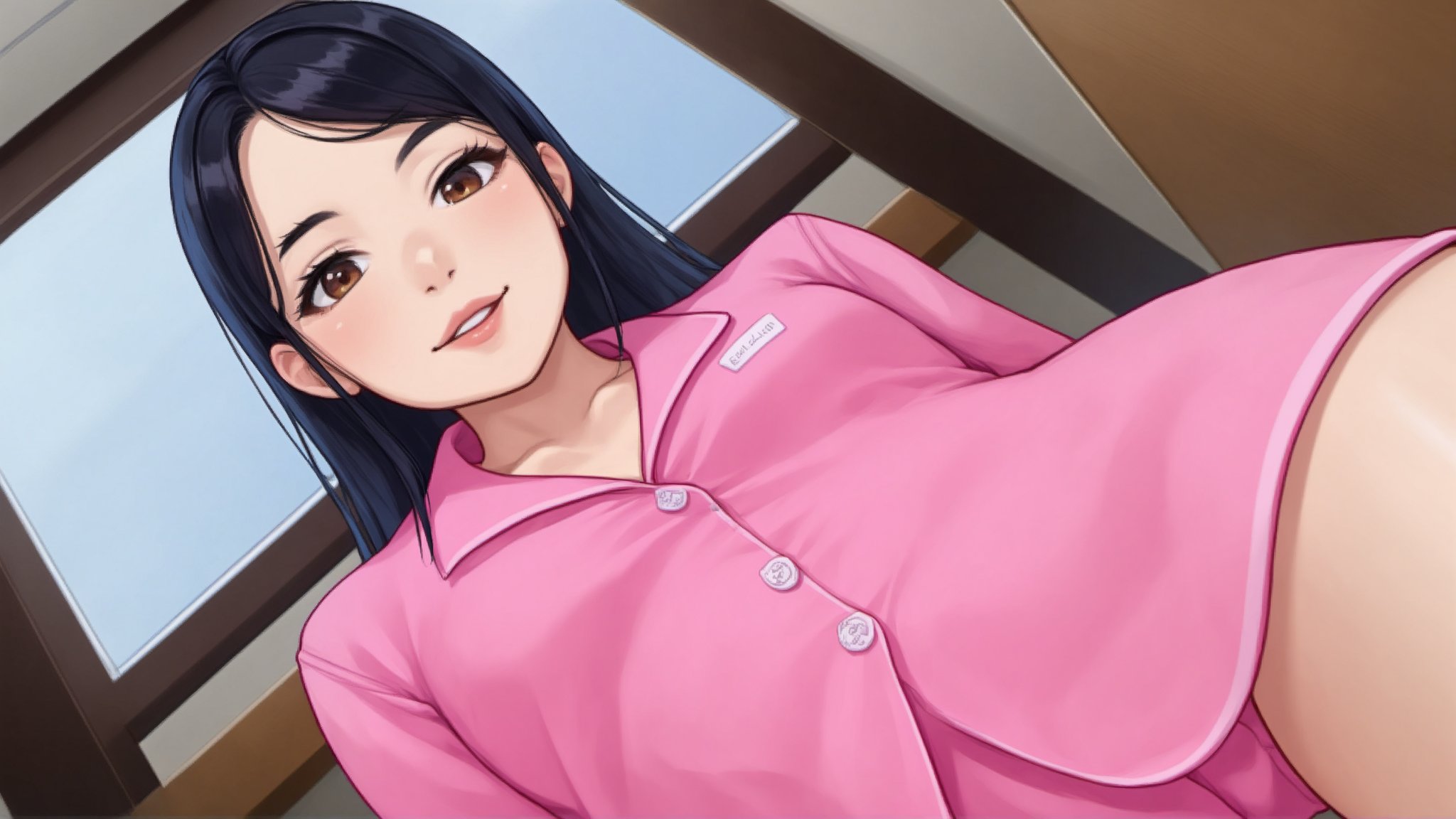 Create an image of a 30-year-old Asian Office Lady with a height of about 5'4" (163 cm). long black hair, Pink pajamas, Lean forward,Hair drooping,look at viewer,focus on face, (from below:1)