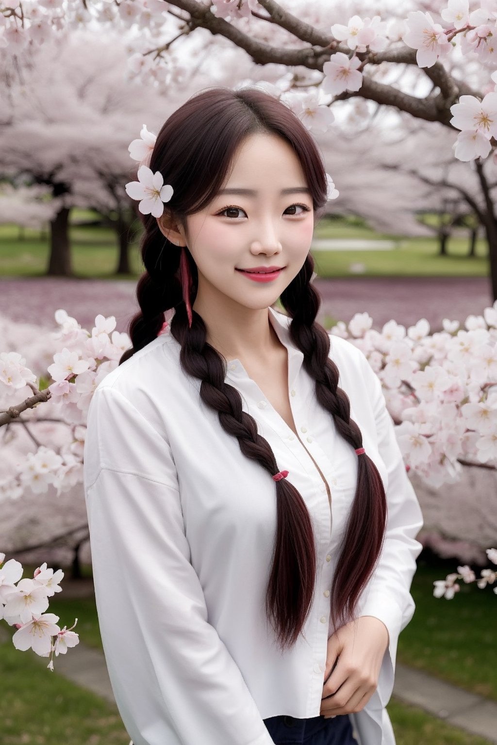 A twenty-year-old female novelist stood beside the cherry blossom tree, twin braids, happy, blushing, shy, look at viewer, focus on face