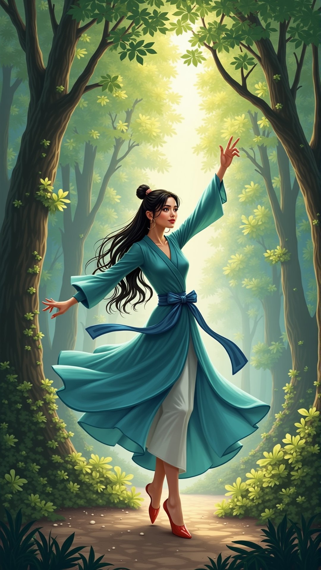 Illustrative Style, An Asian woman dancing in the forest