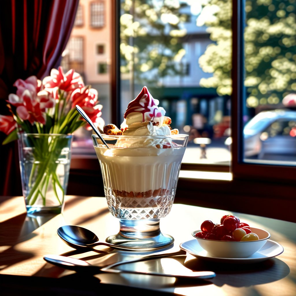 Indoors, there is a transparent glass on the table, there is ice cream and a spoon in the cup