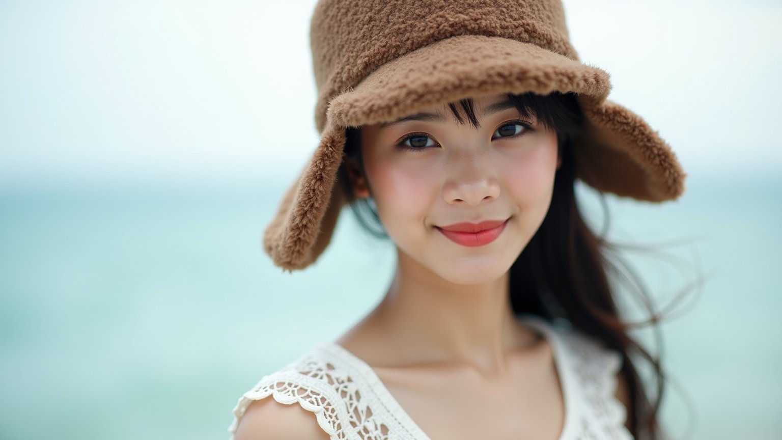 an Asian woman wearing a trapper hat, rich texture on the trapper hat, Wearing a white lace top,standing by the sea, exceptional photography style, natural lighting, high-resolution, detailed facial features, soft background, elegant and poised, subtle smile, candid moment, captivating eyes.