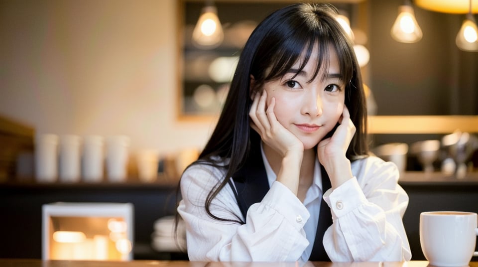 Create an image of a 50-year-old Asian Office Lady with a height of about 5'4" (163 cm). night,It's dark outside,long black hair, White shirt,  in a coffee shop , Put hands on face, look at viewer, focus on face,