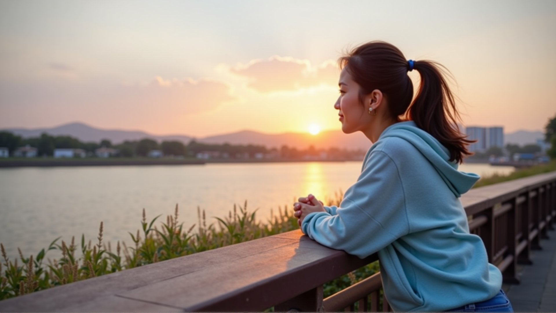 A 20-year-old Taiwanese woman is leaning against the railing at a riverside park in Tamsui, gazing out at the sunset. She is wearing a light blue hoodie and denim shorts, her ponytail catching the last rays of sunlight. The water reflects the colors of the evening sky.