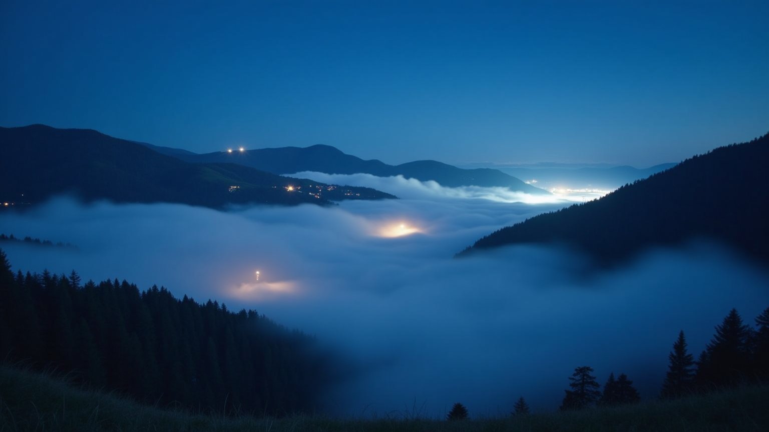 "Award-winning photograph, captivating scene of a sea of clouds in the mountains at midnight, with glimmers of lights shining through from below, ethereal and serene, natural beauty, long exposure, misty and mysterious, breathtaking landscape."