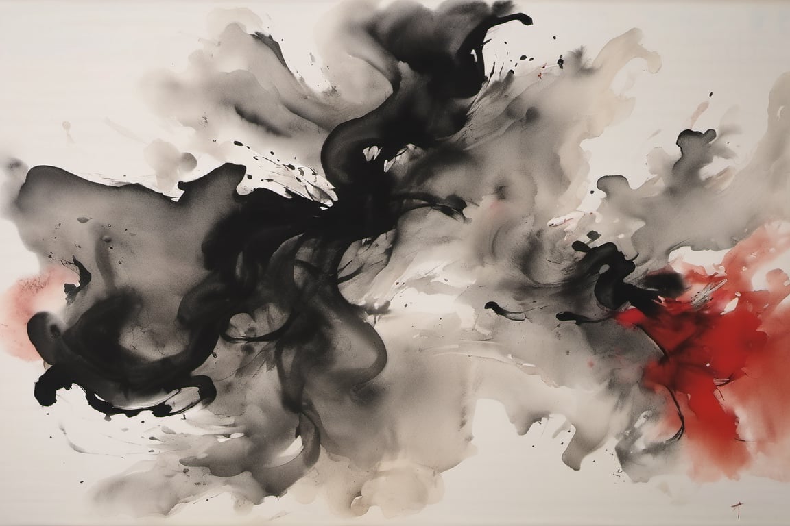 chinese ink wash painting, oriental beauty dancing, dynamic flowing movements, minimalist composition with ample negative space, splashes of black ink, delicate washes, calligraphic brushstrokes, (wabi-sabi), (zen simplicity), monochrome with touches of red, atmospheric perspective, NSFW