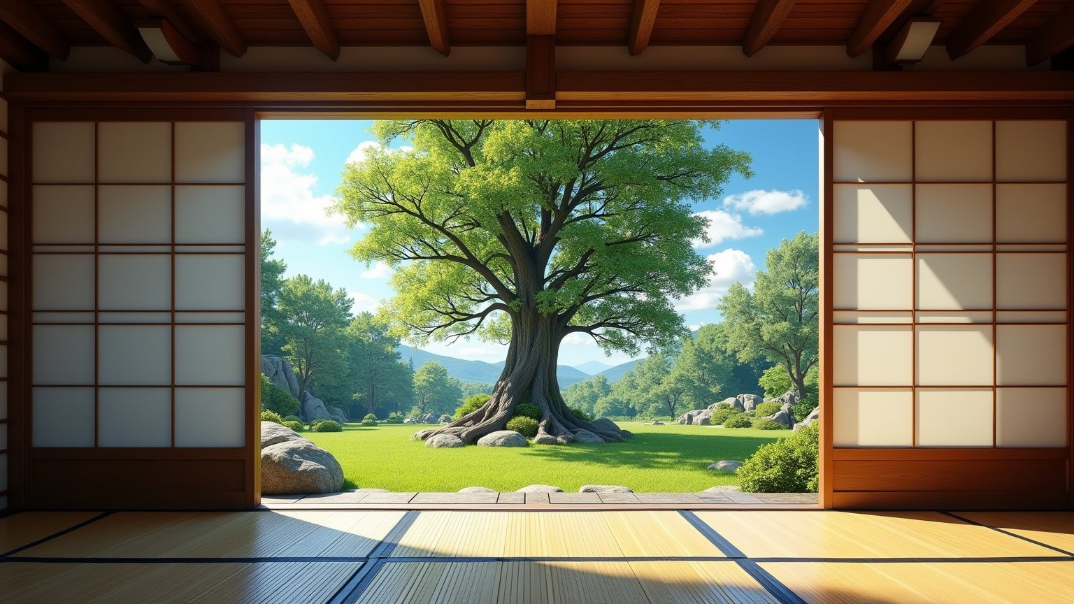 Realistic,photographic masterpiece, large tree visible in traditional Japanese garden, on a sunny summer day, blue sky, white clouds, sliding doors, tatami mats, wooden beams, Traditional Japanese house, photographed from inside to outside, whimsical details,