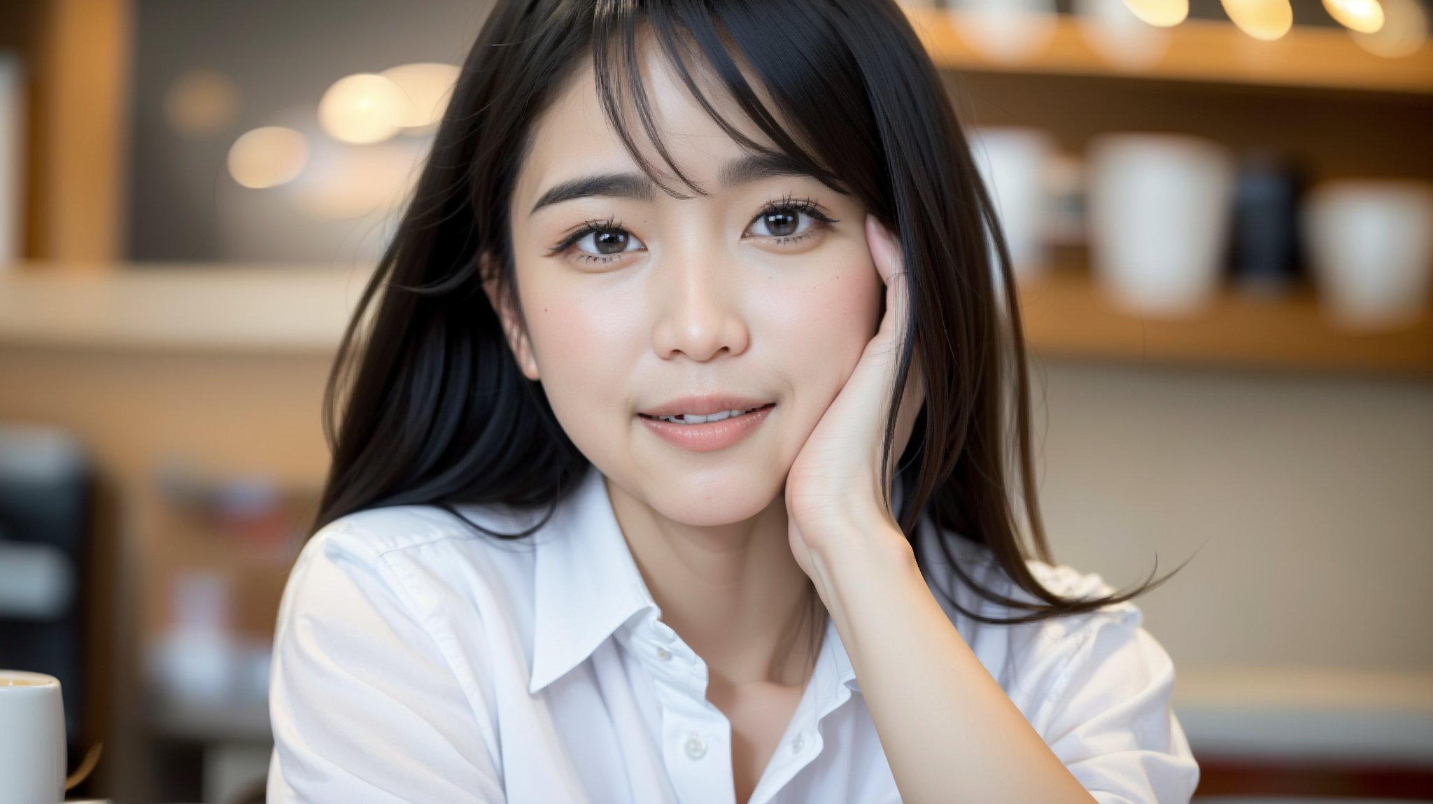 Create an image of a 50-year-old Asian Office Lady with a height of about 5'4" (163 cm). White shirt, in A coffee shop,(close up:1) ,look at viewer, focus on face,laughing out loud,Stroke hair with left hand