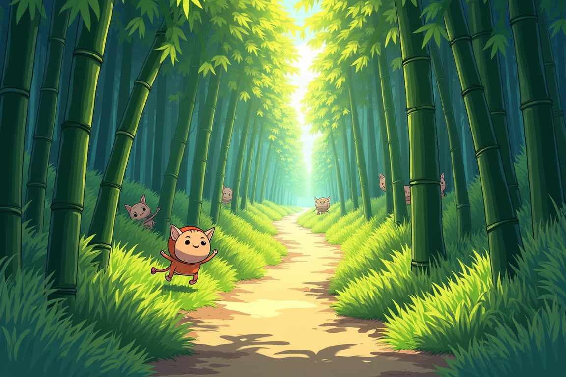 Ghibli style illustration, Small path walking upward through the bamboo forest, There are many cute little mountain elves hidden in the grass and bamboo forests of the bamboo forest. warm sunlight, vibrant colors, whimsical details, Studio Ghibli aesthetic, Miyazaki inspired, hand-drawn look, 2D animation style