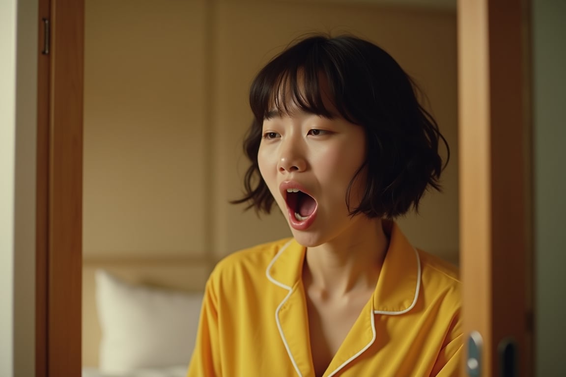 one japanese female tourist around 25 years old, wearing yellow pajamas, (photorealistic:1.2),Standing by the hotel room door, detailed asian facial features, messy bedhead hair, (depth of field, bokeh), warm indoor lighting, muted colors, bob cut,focus on face,Close eyes, open mouth, yawning.Photographic masterpiece