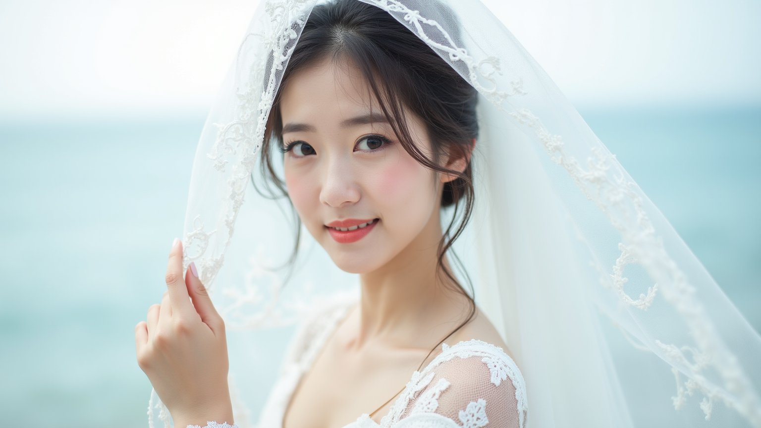 an Asian woman wearing a veil, rich texture on the veil, Wearing a white lace top,standing by the sea, exceptional photography style, natural lighting, high-resolution, detailed facial features, soft background, elegant and poised, subtle smile, candid moment, captivating eyes.