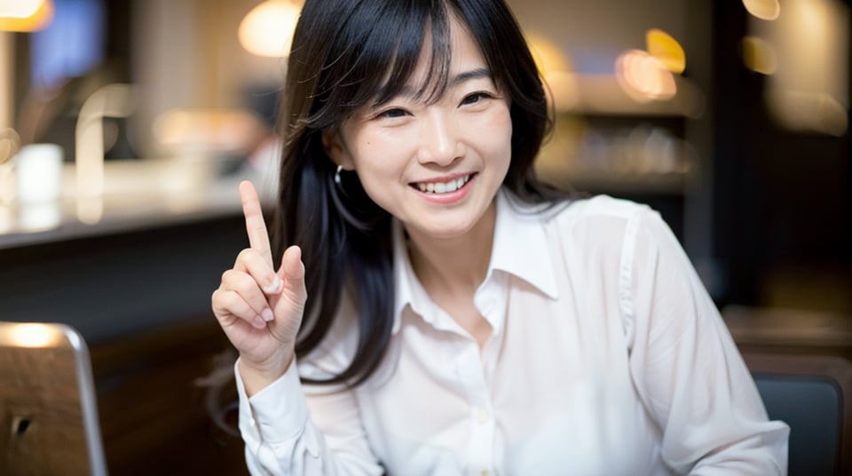 Create an image of a 50-year-old Asian Office Lady with a height of about 5'4" (163 cm). night,It's dark outside,long black hair, White shirt,  in a coffee shop , Pointing ,  laughing out loud,(Close up:1), focus on face,