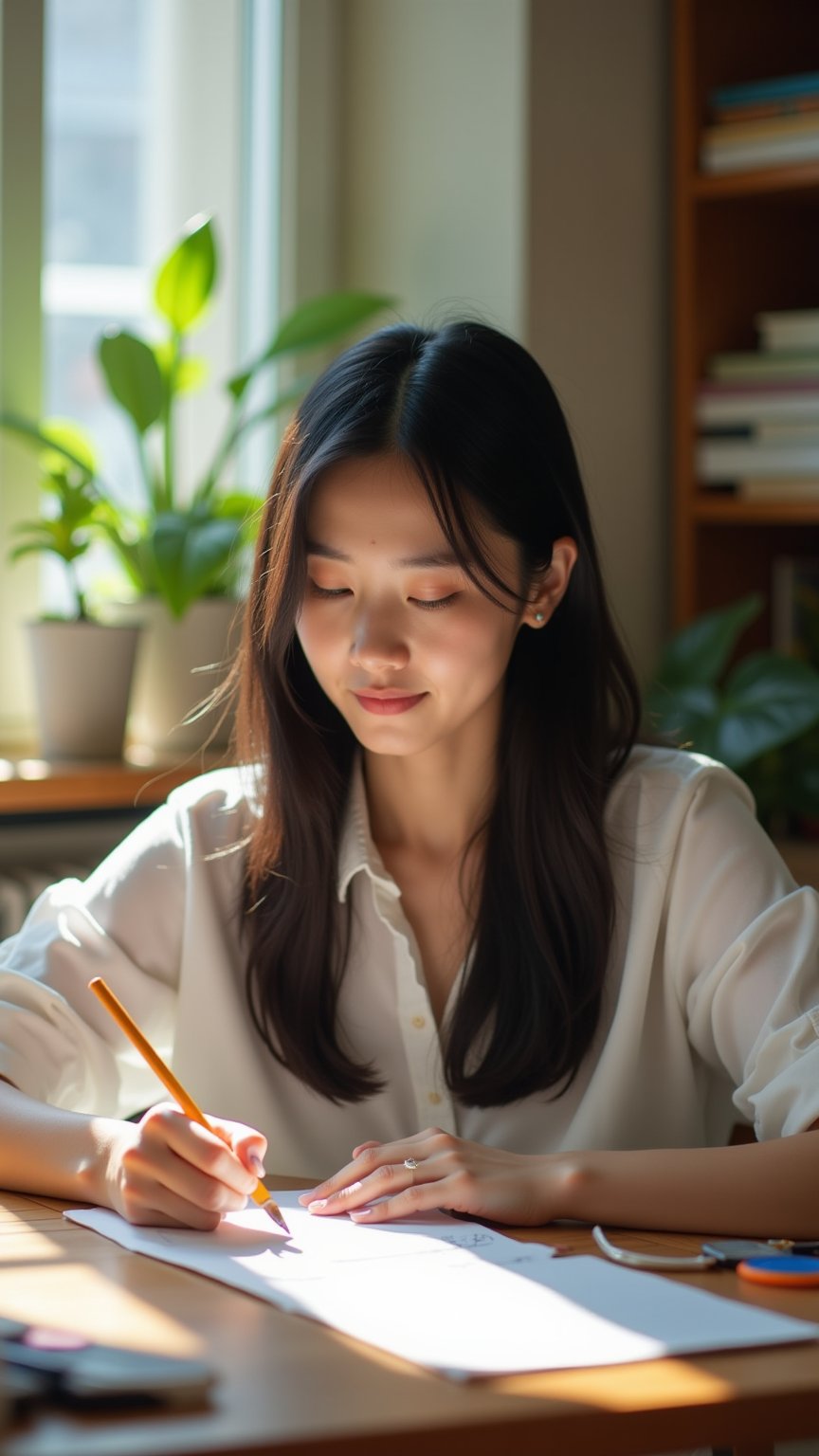 Show a 20-year-old Asian woman with long black hair, dressed in a white shirt, sitting at a wooden desk in a sunlit room. She is sketching in a notebook, deeply focused on her drawing. The light from a nearby window illuminates her face and hands, creating a soft, warm glow in the room. A few art supplies are scattered across the desk, and a potted plant rests on the windowsill, adding a touch of nature to the peaceful creative space. Her expression is one of quiet concentration, fully immersed in her artistic process.