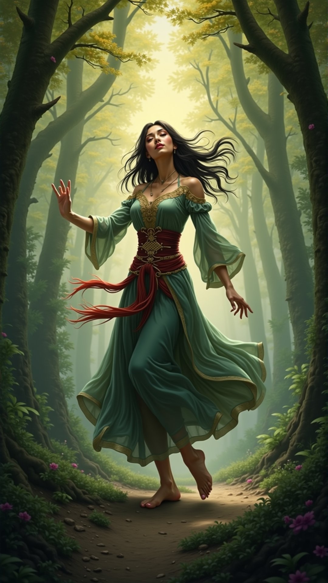 Fantasy Art, An Asian woman dancing in the forest