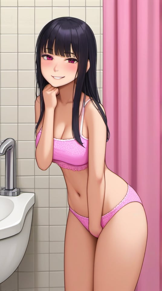 Create an image of a 30-year-old Asian woman with a height of about 5'4" (163 cm). long black hair, Pink women's underwear,bathroom,smirk,shy,focus on face, 
