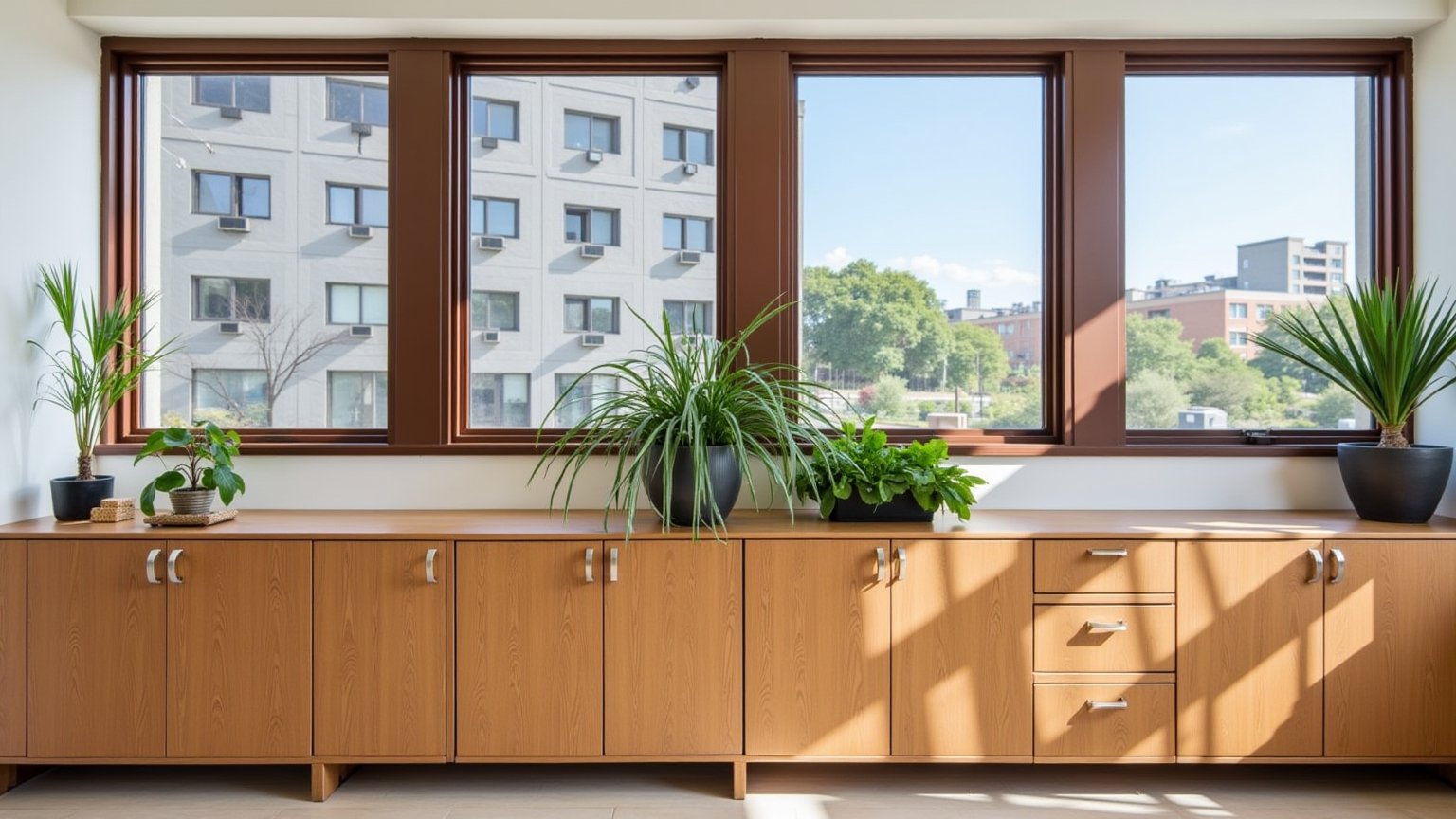 Brown aluminum doors and windows. There are wood grain iron cabinets under the windows. Some green plants are placed on the iron cabinets. The view outside the window is the building and the blue sky.