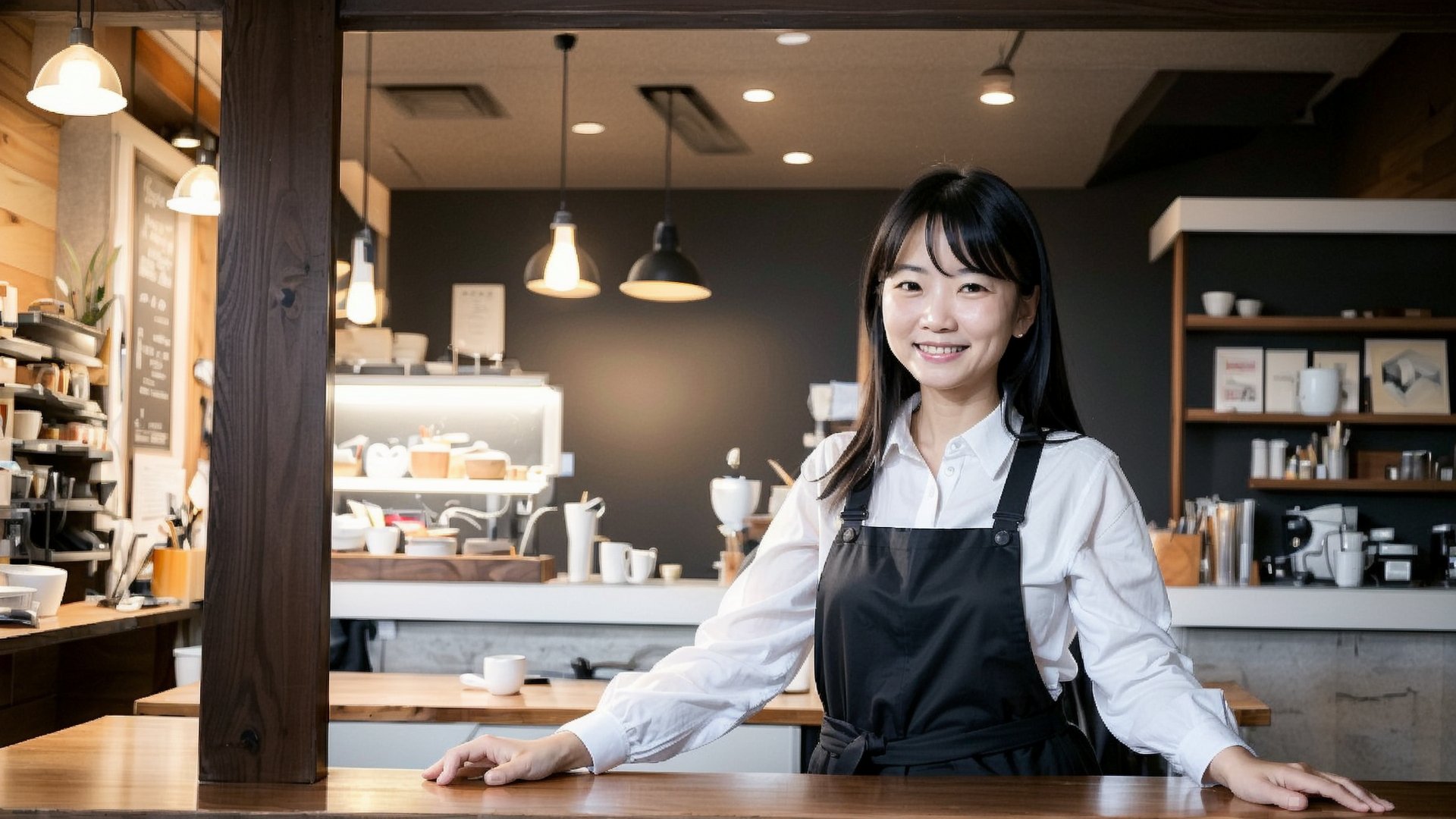 Create an image of a 50-year-old Asian Office Lady with a height of about 5'4" (163 cm). night,It's dark outside,long black hair, White shirt,  Standing at the workbench in a coffee shop. Looking back at the viewer, focus on face,smile