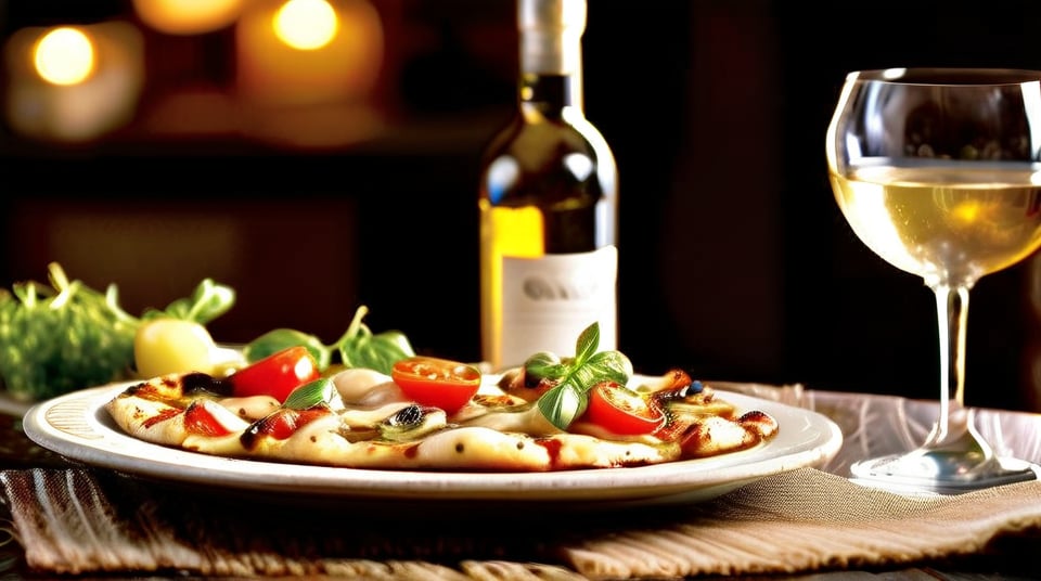 A warm and inviting still life: a plate of melted mozzarella-topped pizza sits atop a distressed wood table, adjacent to a refreshing glass of white wine. A side dish of crisp green salad with tender chicken, garnished with cherry tomatoes and cucumber slices, complements the meal. In the background, soft golden lighting casts a warm glow on the rustic tablecloth, while the overall composition is framed by the natural curves of the plate and bowl, inviting the viewer to take a bite.