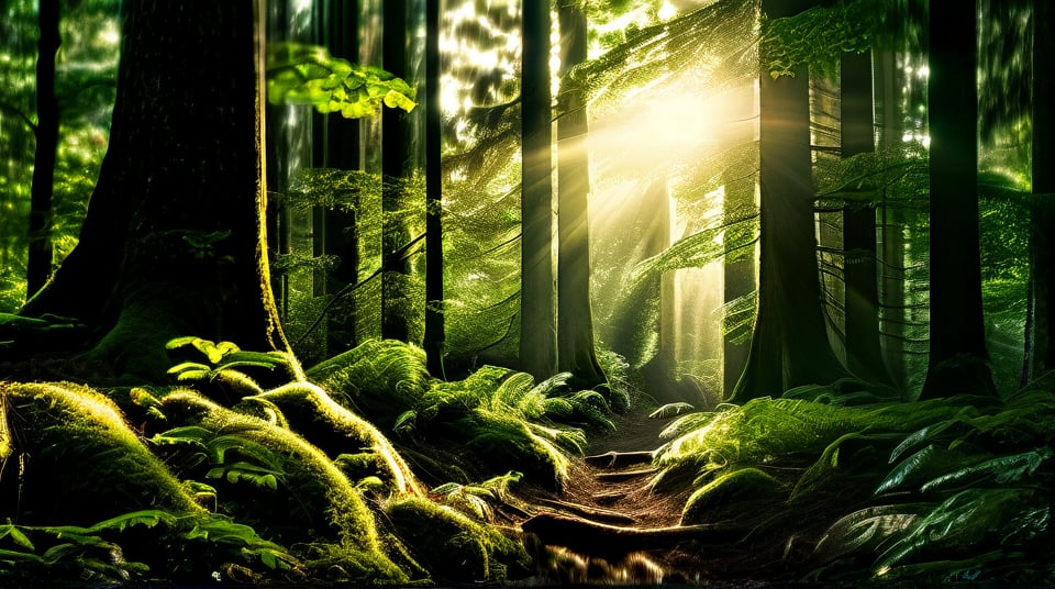 There are towering trees in the forest, and there is a path. Sunlight shines through the dense canopy, creating a Tyndall effect, lighting up the woods. The atmosphere is peaceful and tranquil, with lush green foliage and a mysterious, ethereal quality. High detail, high quality photos.