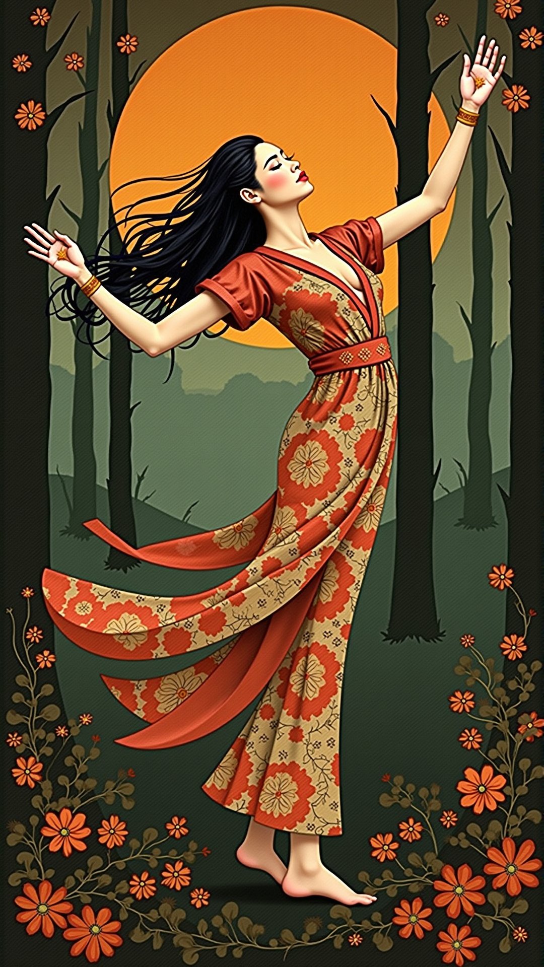 Art Deco, An Asian woman dancing in the forest