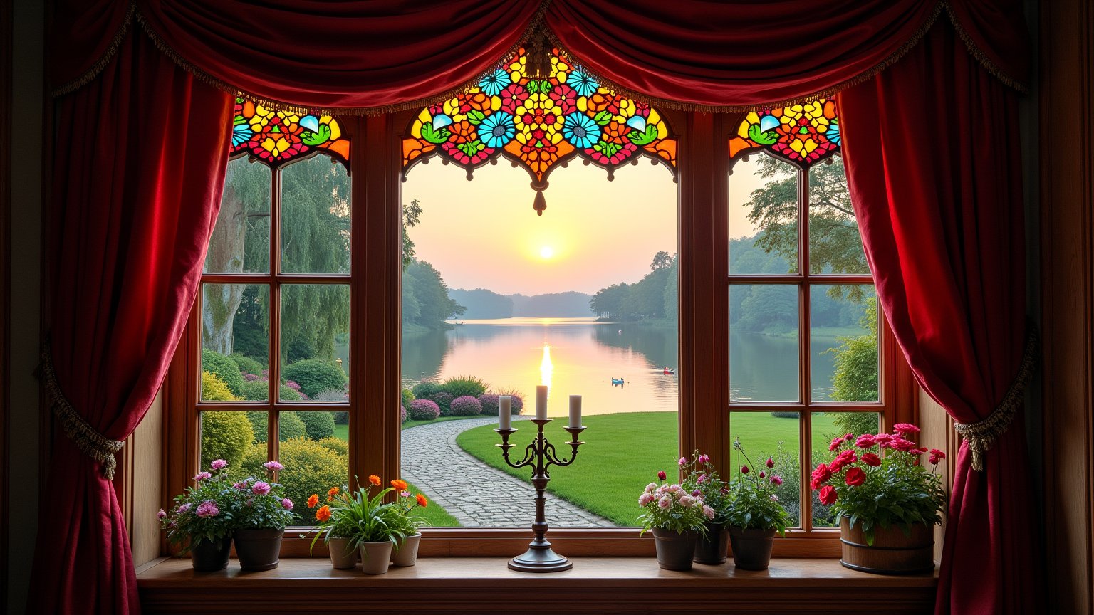 Imagine a window in a Victorian-style home. The window is adorned with handcrafted stained glass, displaying a myriad of vibrant colors when the sunlight streams through it. The window is set in a wooden frame, deeply polished mahogany with intricate carvings. A set of faded crimson velvet curtains hang on either side and above the window, the top part draped in a valance-like design. The window sill is decorated with flourishing houseplants with various shades of green, a few budding flowers, and an antique brass candelabra. Outside the window, there is a picturesque landscape: a lush garden with blooming roses of different colors contrasted against a neatly trimmed emerald green lawn; a cobblestone path meandering through the scene and in the distance, a vast, serene peaceful lake reflecting the glow of the setting sun on its surface. A couple of swans gracefully glide on the water surface while a solitary oak tree stands majestically on the lakeside.