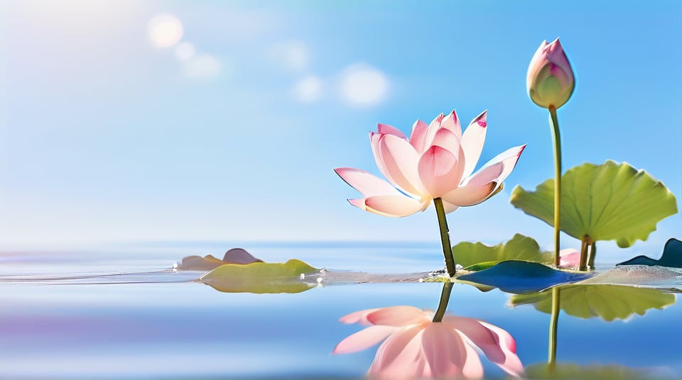 Minimalist summer lotus scene, low-angle shot, single prominent lotus flower in bloom, few large green leaves, vast clear blue sky, ample negative space, zen-inspired composition, soft pastel colors, subtle reflections in still water, clean lines, uncluttered design, gentle natural lighting, shallow depth of field focusing on the lotus, serene atmosphere, fine art photography style, inspired by Japanese ink wash painting