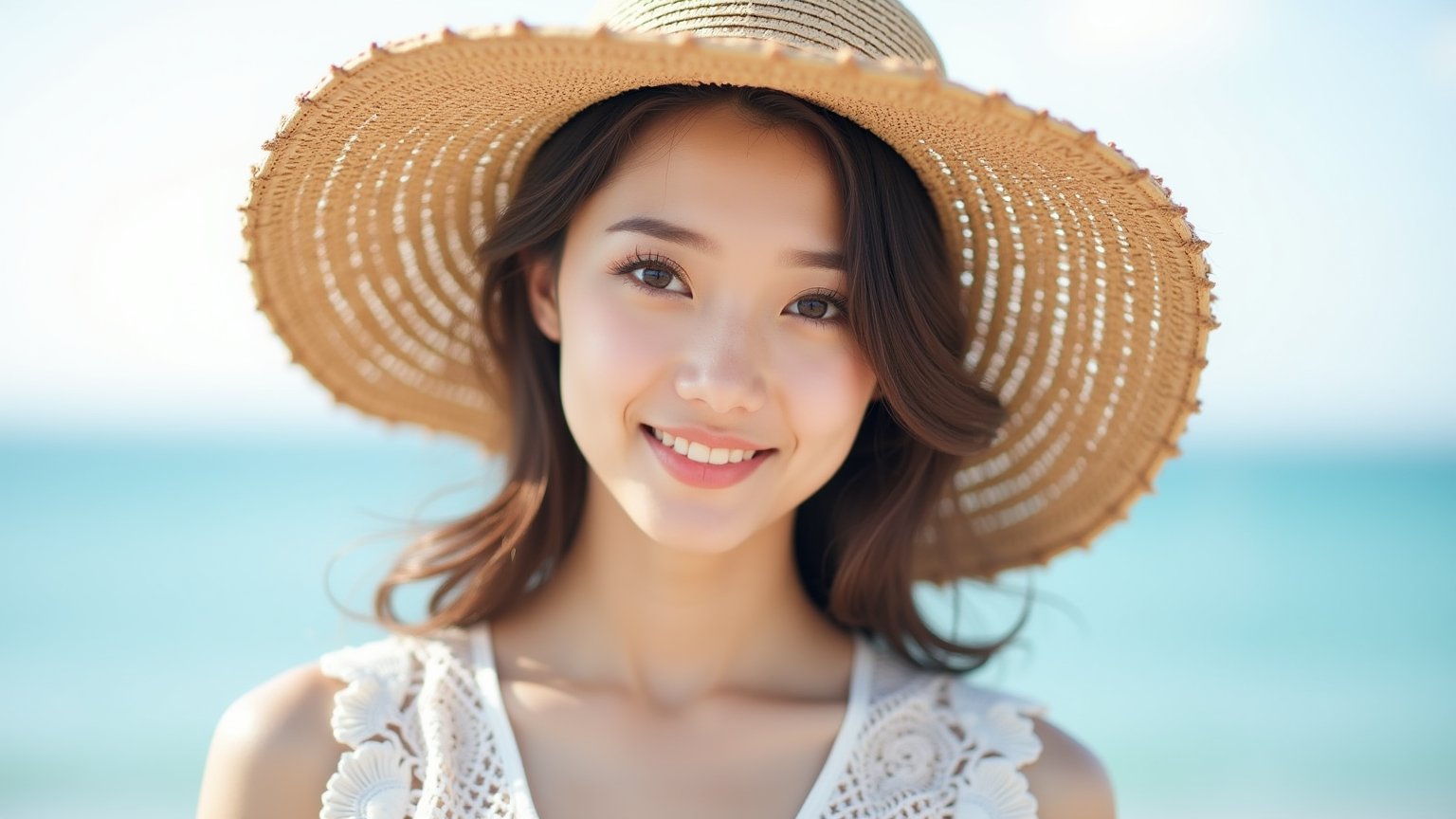 an Asian woman wearing a Straw Hat, rich texture on the Straw Hat, Wearing a white lace top,standing by the sea, exceptional photography style, natural lighting, high-resolution, detailed facial features, soft background, elegant and poised, subtle smile, candid moment, captivating eyes.