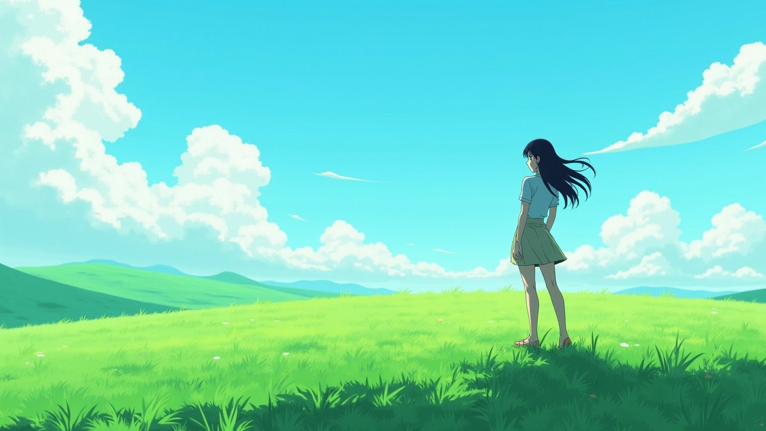 Studio Ghibli style,Miyazaki-inspired artwork,A vast Green prairie under a clear sky, strong winds blowing, a serene and picturesque scene, the silhouette of a young Asian woman with flowing hair, standing with a sense of freedom, vibrant colors, detailed landscape, harmonious nature, capturing the essence of peace and solitude.