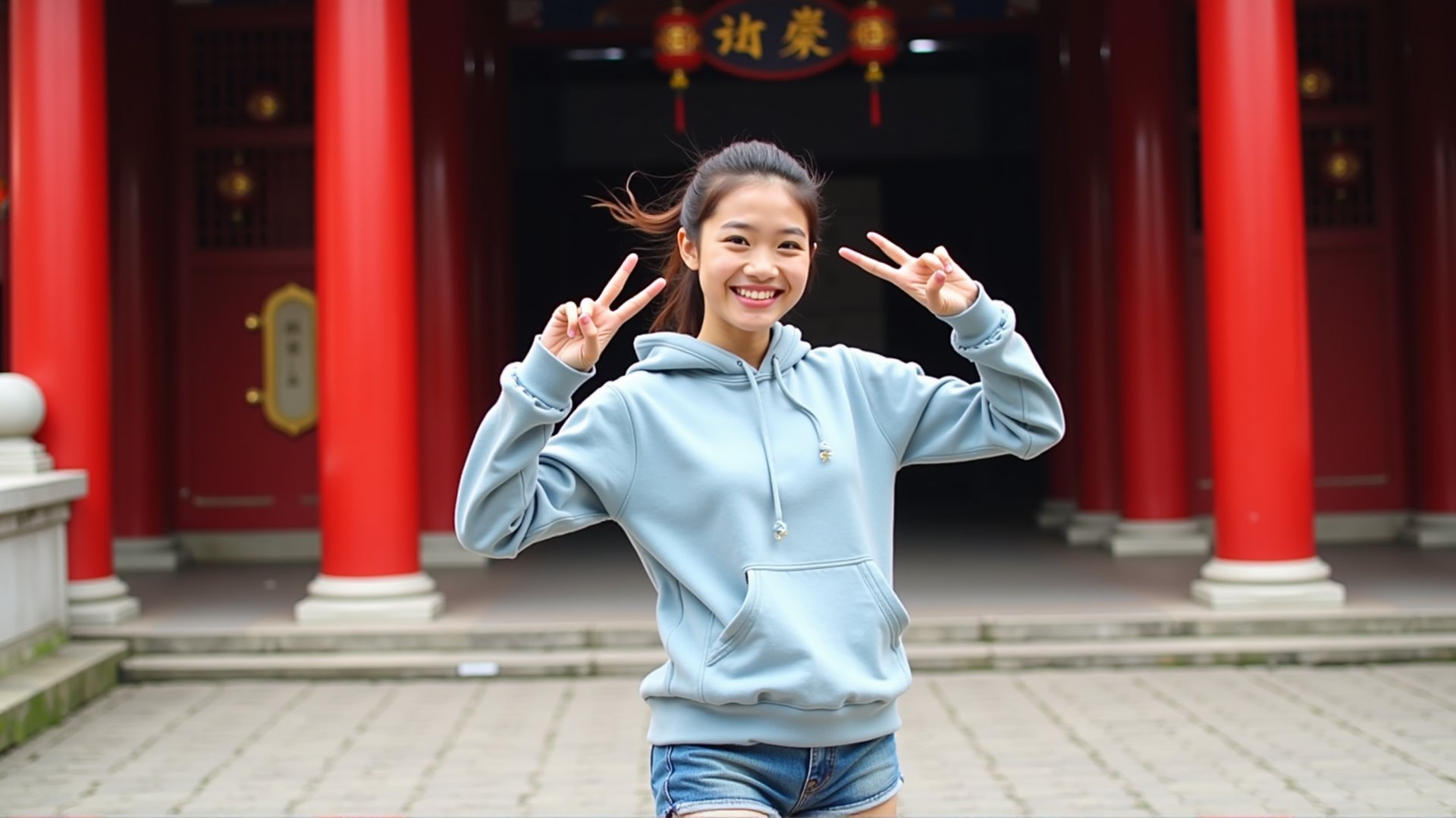 A 20-year-old Taiwanese woman is standing by a temple entrance in Lugang, posing playfully with a peace sign. She is wearing a light blue hoodie and denim shorts, her ponytail bouncing as she moves. The traditional red pillars and lanterns form a vibrant backdrop.