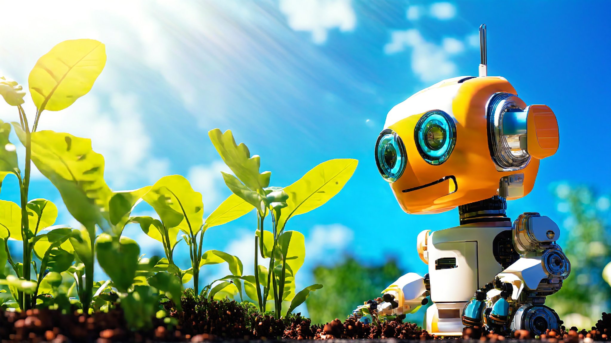 A robot planting and caring for plants outdoors, observing their growth, under a sunny sky.
