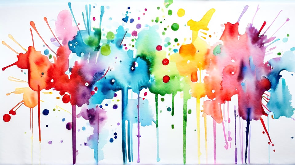 Watercolor painting, watercolors of various colors splashed randomly on the wall