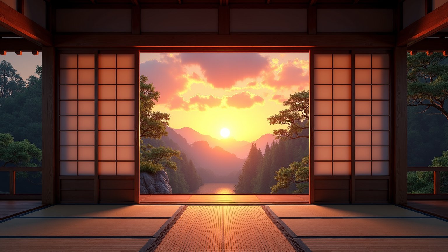 Realistic,photographic masterpiece, sunset in traditional Japanese garden, clouds of various colors, sliding doors, tatami mats, wooden beams, Traditional Japanese house, photographed from inside to outside, whimsical details,