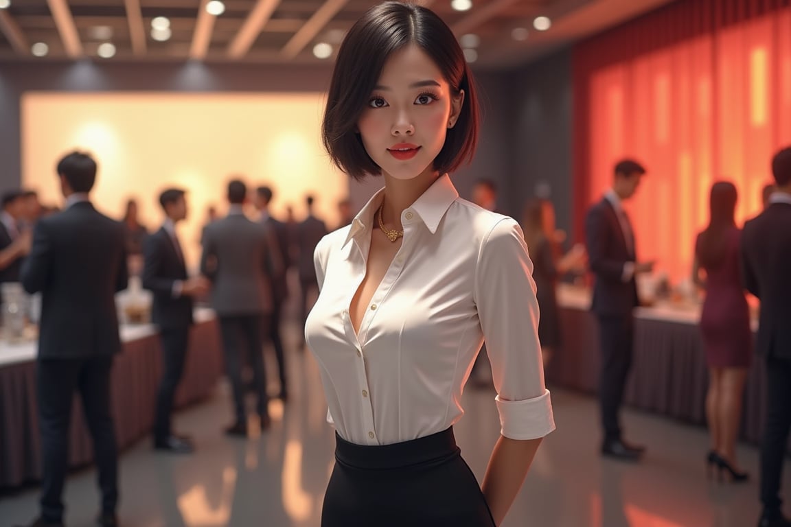 {{best quality}}, {{masterpiece}}, {{ultra-detailed}}, {illustration}, {detailed light}, {an extremely delicate and beautiful},A asian female host of a business event, with short black hair, high heels, white blouse, black kirt_suit,at the event site,Put hands behind back ,make eye contact,focus on face.Photographic masterpiece