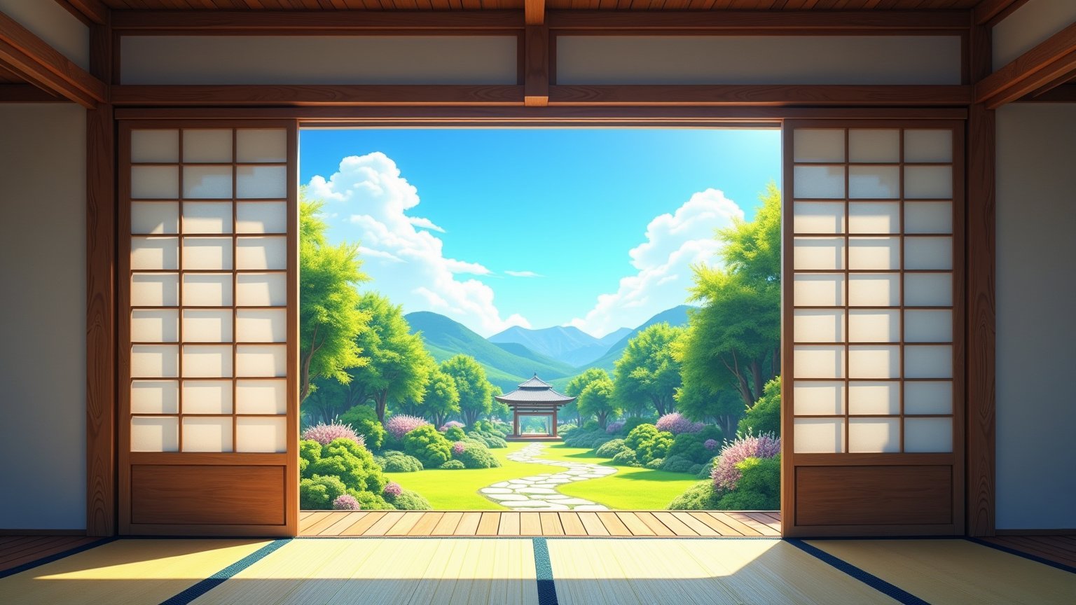 Realistic,photographic masterpiece, Japanese garden landscape on a sunny summer day, blue sky, white clouds, sliding doors, tatami mats, wooden beams, Traditional Japanese house, photographed from inside to outside, whimsical details,