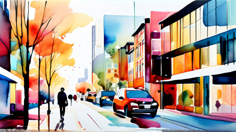 This is a stunning watercolor painting featuring a vibrant and diverse daytime city street scene, artfully rendered in a captivating blend of colors. These buildings, streets, vehicles, and pedestrians are painted in different appearances, with abstract appearances, forming a beautiful contrast. The background consists of soft, blurred gradients of warm and cool colors, adding depth and dimension to the painting. The overall effect is serene and peaceful, allowing viewers to appreciate the delicate beauty of nature.