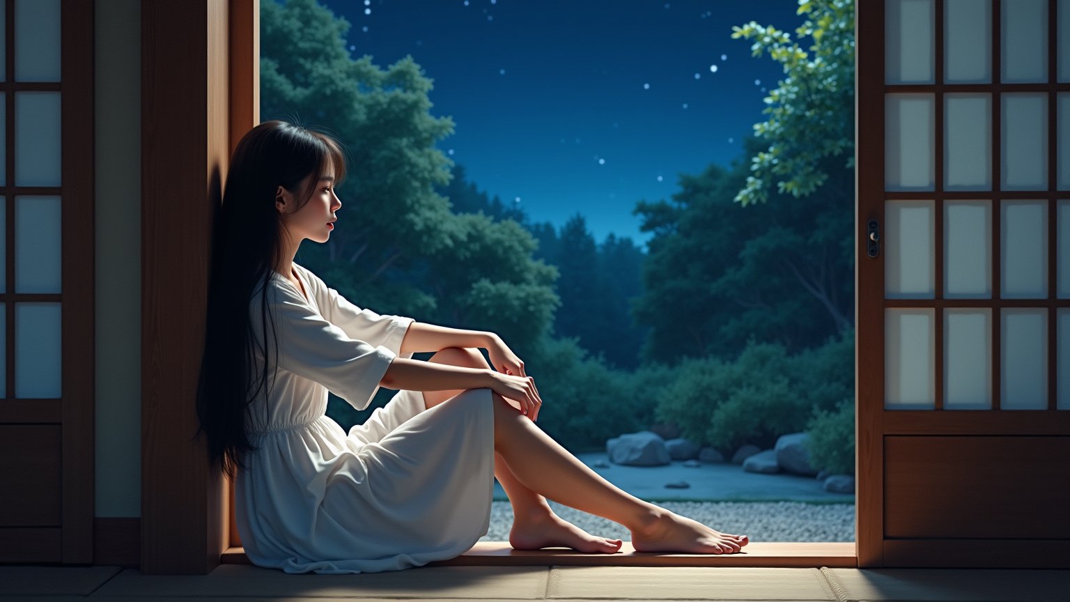 Realistic,photographic masterpiece,20-year-old Asian woman, long hair, white dress, barefoot, sitting by sliding doors inside Japanese house, view from interior looking out,Relaxed and comfortable expression, night, night starry sky in traditional Japanese garden, sliding doors, tatami mats, wooden beams, whimsical details,close up, side view,focus on face