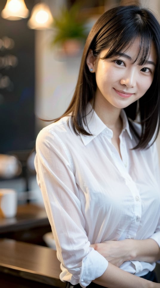 Create an image of a 50-year-old Asian Office Lady with a height of about 5'4" (163 cm). night,It's dark outside,long black hair, White shirt,  in a coffee shop ,standing,(close up:1),smile, focus on face,