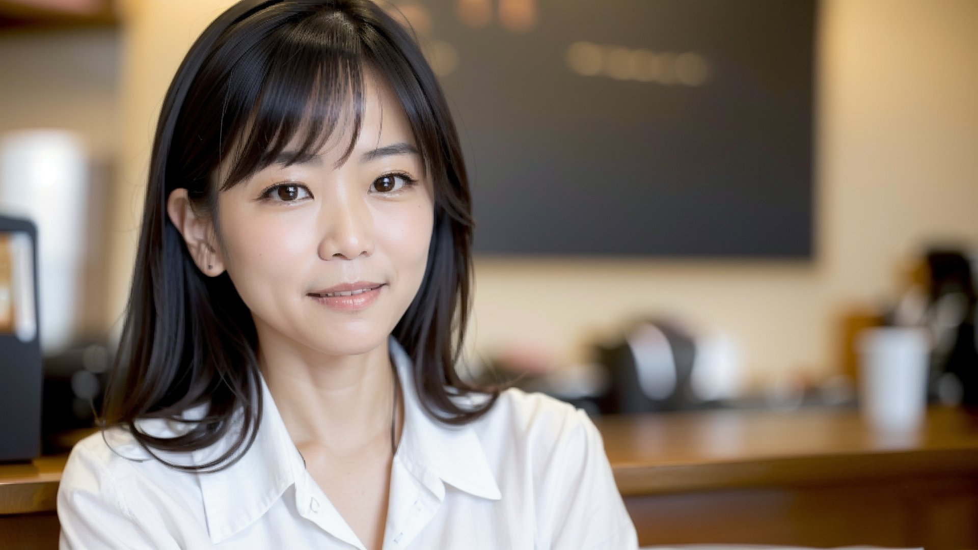 Create an image of a 50-year-old Asian Office Lady with a height of about 5'4" (163 cm). White shirt, in A coffee shop,(close up:1) focus on face,smile