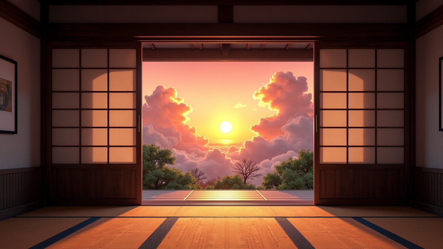 Realistic,photographic masterpiece, sunset in traditional Japanese garden, clouds of various colors, sliding doors, tatami mats, wooden beams, Traditional Japanese house, photographed from inside to outside, whimsical details,