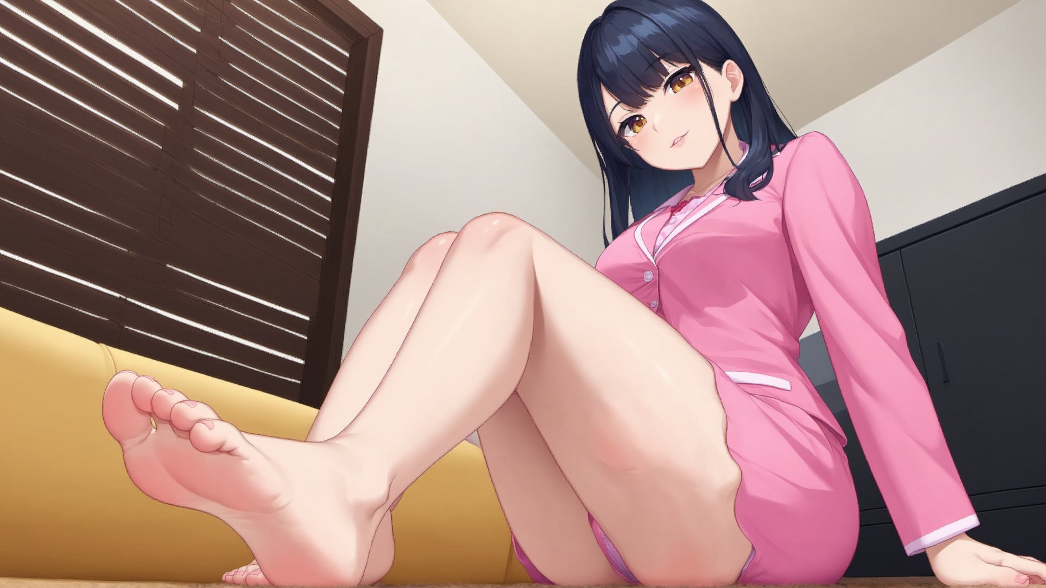 Create an image of a 30-year-old Asian Office Lady with a height of about 5'4" (163 cm). long black hair, Pink pajamas sitting on yellow sofa in living room at home, look at viewer,feet, toes, barefoot, foot focus,  (from below:1)