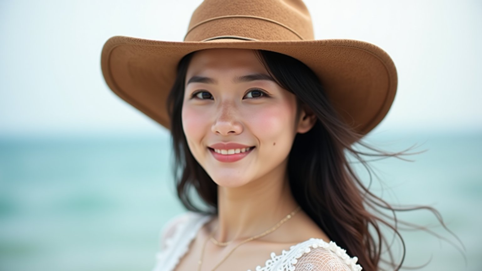 an Asian woman wearing a Cowboy Hat, rich texture on the Cowboy Hat, Wearing a white lace top,standing by the sea, exceptional photography style, natural lighting, high-resolution, detailed facial features, soft background, elegant and poised, subtle smile, candid moment, captivating eyes.