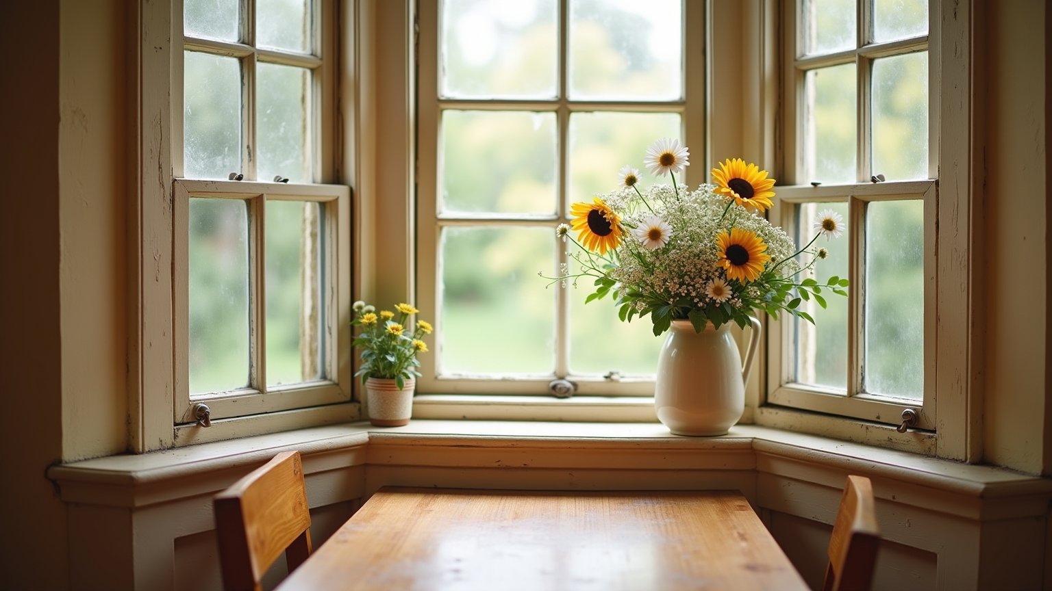 A warm, vintage-inspired kitchen scene: a rustic wooden table set against worn, cream-colored walls. A bouquet of old-fashioned flowers - daisies, sunflowers, and baby's breath - fills a ceramic vase on the window sill. The windows themselves are double-hung, with ornate wood trim and a soft, diffused light pouring in from outside, casting a cozy glow on the room.