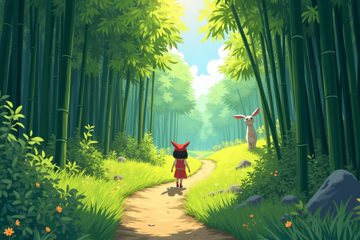 Ghibli style illustration, Small path walking upward through the bamboo forest, There are many cute little mountain elves hidden in the grass and bamboo forests of the bamboo forest. warm sunlight, vibrant colors, whimsical details, Studio Ghibli aesthetic, Miyazaki inspired, hand-drawn look, 2D animation style