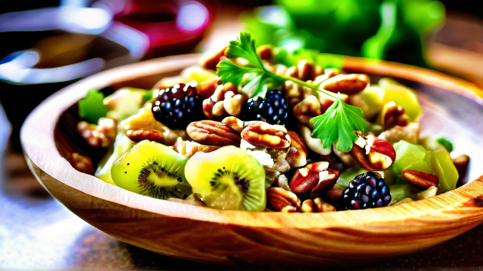 A close-up shot of a rustic wooden bowl filled with a vibrant green chicken salad, garnished with juicy grapes and crunchy pecans. Soft focus in the background, highlighting the warm golden light and natural textures of the ingredients. Fresh parsley sprigs scattered artfully around the rim. A single slice of crusty bread lies nearby, inviting the viewer to take a bite.