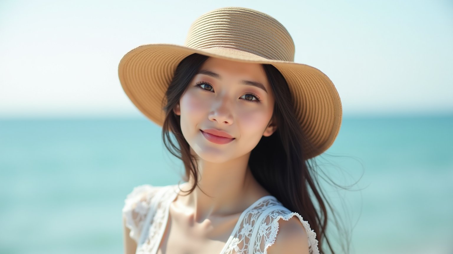 an Asian woman wearing a Bucket Hat, rich texture on the Bucket Hat, Wearing a white lace top,standing by the sea, exceptional photography style, natural lighting, high-resolution, detailed facial features, soft background, elegant and poised, subtle smile, candid moment, captivating eyes.