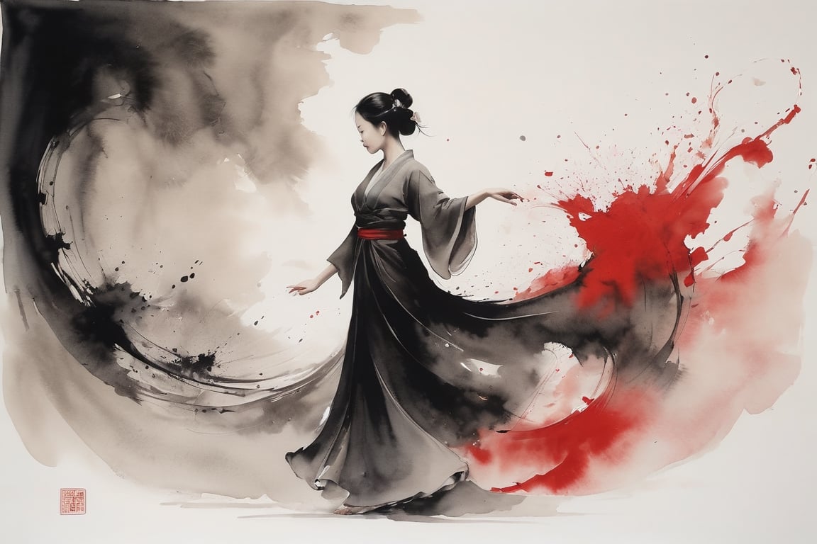 chinese ink wash painting, oriental beauty dancing, dynamic flowing movements, minimalist composition with ample negative space, splashes of black ink, delicate washes, calligraphic brushstrokes, (wabi-sabi), (zen simplicity), monochrome with touches of red, atmospheric perspective, NSFW