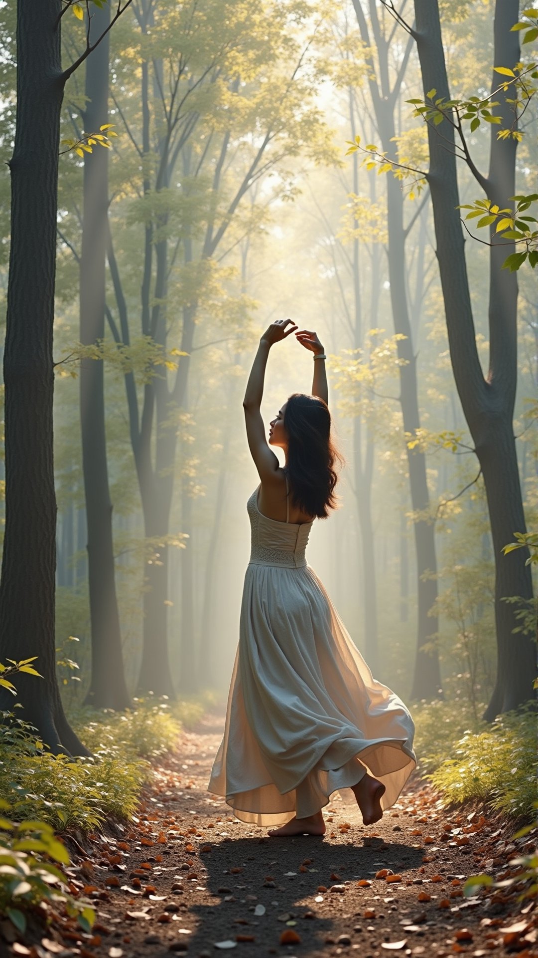 Minimalism, An Asian woman dancing in the forest