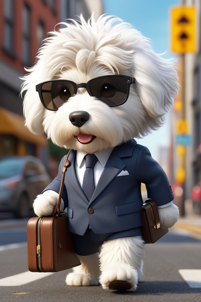 Cute Old English Sheepdog who plays human, Wear a suit, sunglasses, and carry a briefcase,Create a characterset of stunning 3D chibi style character in detailed full body, highly detailed, vibrant, ultra high quality, Hyperrealism, Photorealism, [octane render],Walking on the city road