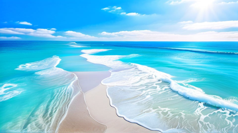 Overhead shot of a serene seaside scene: turquoise waters lap gently against the shore, where sun-kissed sand stretches towards the horizon. Azure blue sky above, dotted with puffy white clouds. Seagulls soar effortlessly in the distance, as waves caress the beach. Clear water reflects the vibrant colors of the sky and surrounding landscape.